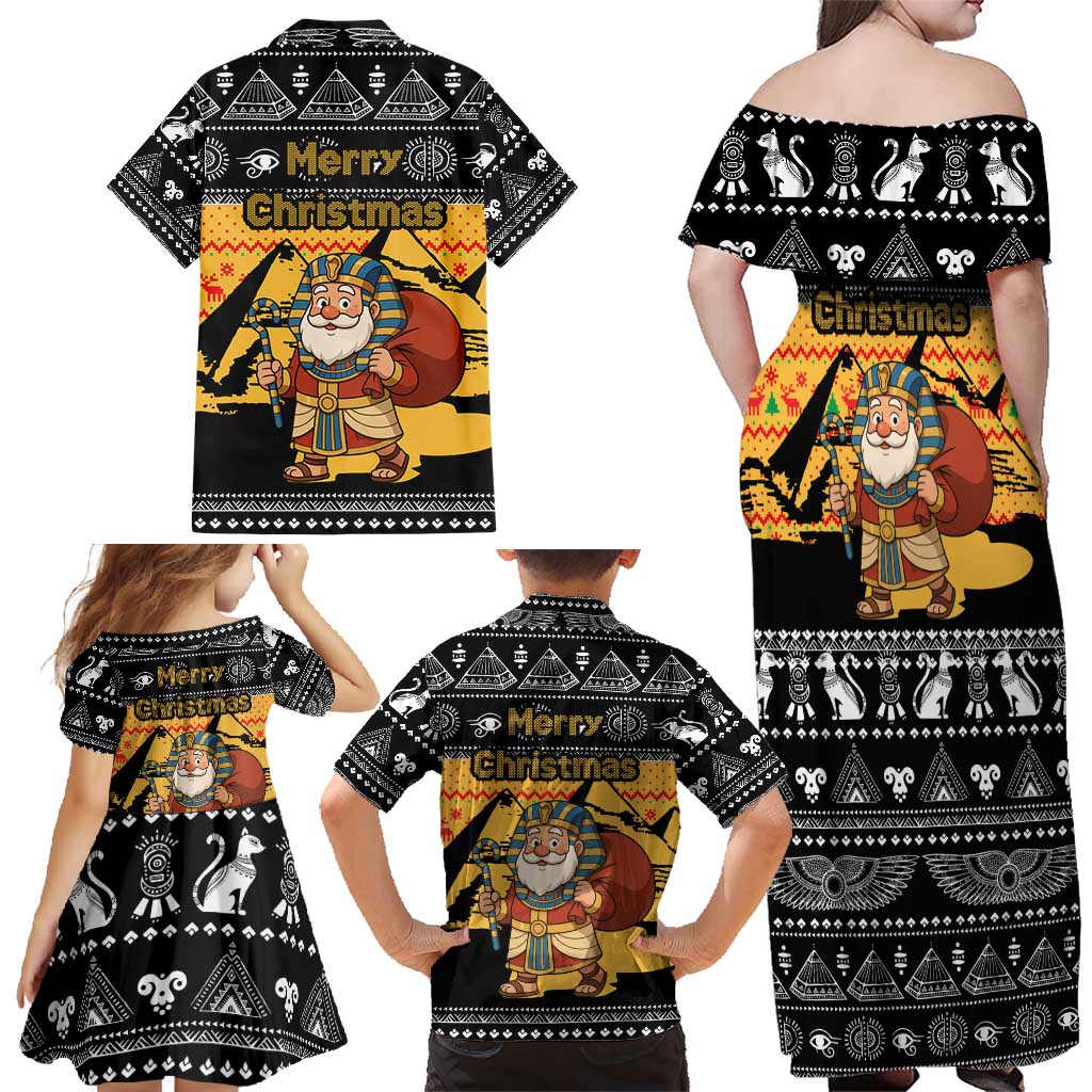 Egypt Christmas Family Matching Off Shoulder Maxi Dress and Hawaiian Shirt with Pharaoh Santa Pyramids Eye of Horus and Ancient Egyptian - Wonder Print Shop