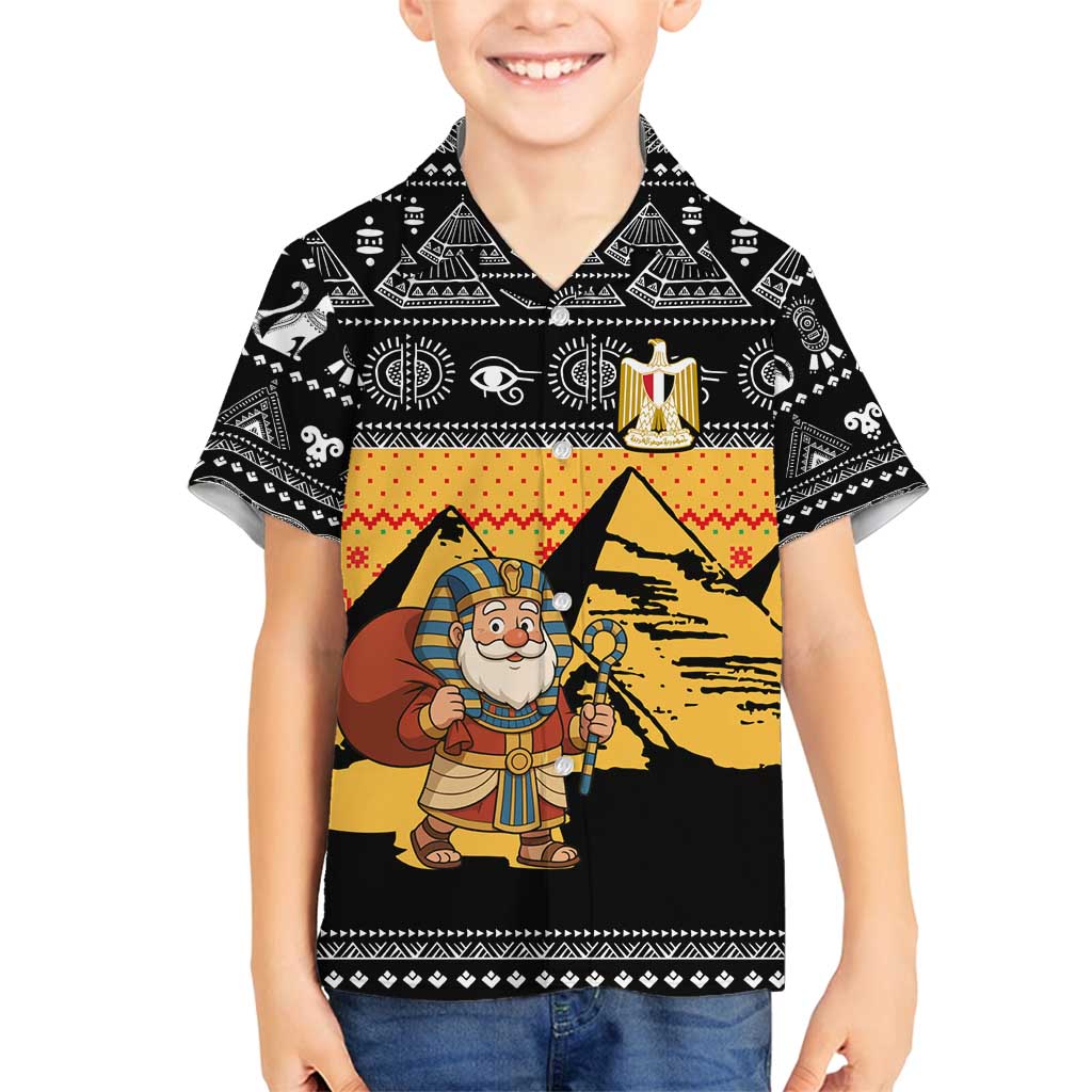 Egypt Christmas Family Matching Off Shoulder Maxi Dress and Hawaiian Shirt with Pharaoh Santa Pyramids Eye of Horus and Ancient Egyptian - Wonder Print Shop