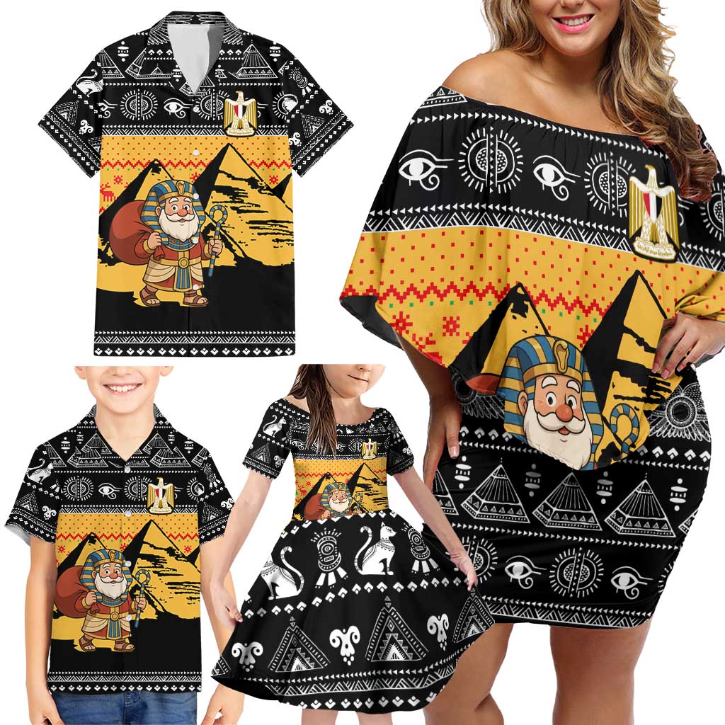 Egypt Christmas Family Matching Off Shoulder Short Dress and Hawaiian Shirt with Pharaoh Santa Pyramids Eye of Horus and Ancient Egyptian - Wonder Print Shop
