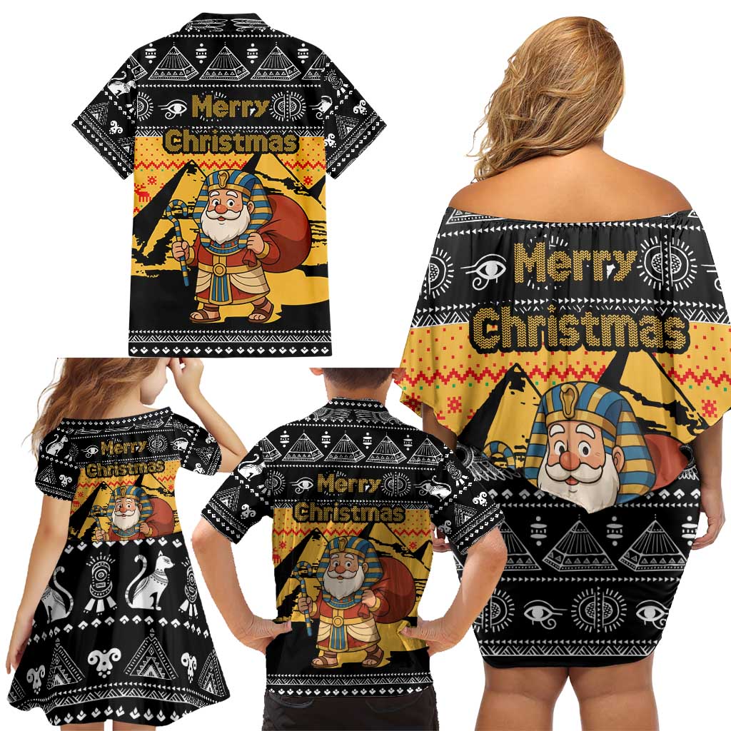 Egypt Christmas Family Matching Off Shoulder Short Dress and Hawaiian Shirt with Pharaoh Santa Pyramids Eye of Horus and Ancient Egyptian - Wonder Print Shop
