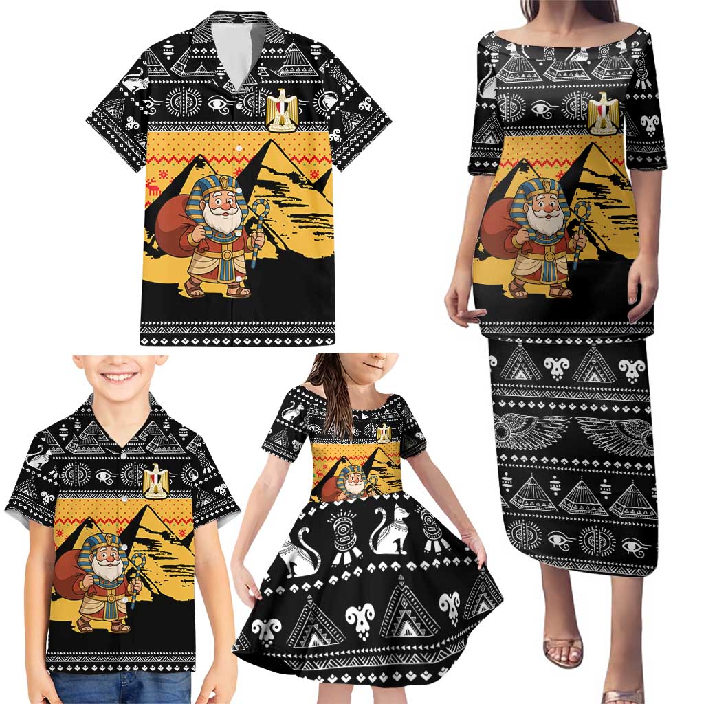 Egypt Christmas Family Matching Puletasi and Hawaiian Shirt with Pharaoh Santa Pyramids Eye of Horus and Ancient Egyptian - Wonder Print Shop