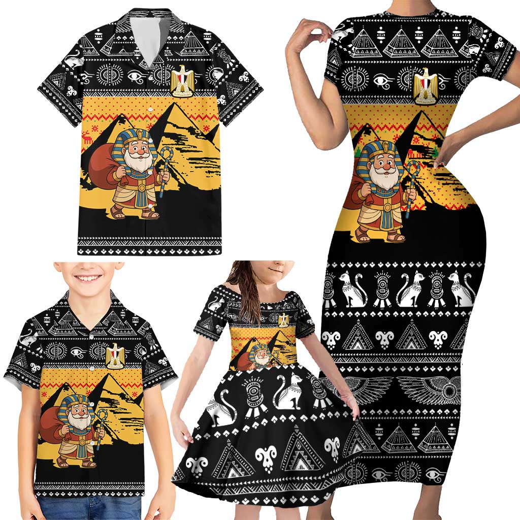 Egypt Christmas Family Matching Short Sleeve Bodycon Dress and Hawaiian Shirt with Pharaoh Santa Pyramids Eye of Horus and Ancient Egyptian - Wonder Print Shop