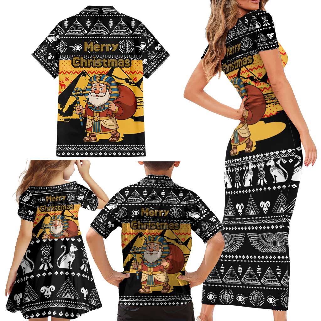 Egypt Christmas Family Matching Short Sleeve Bodycon Dress and Hawaiian Shirt with Pharaoh Santa Pyramids Eye of Horus and Ancient Egyptian - Wonder Print Shop