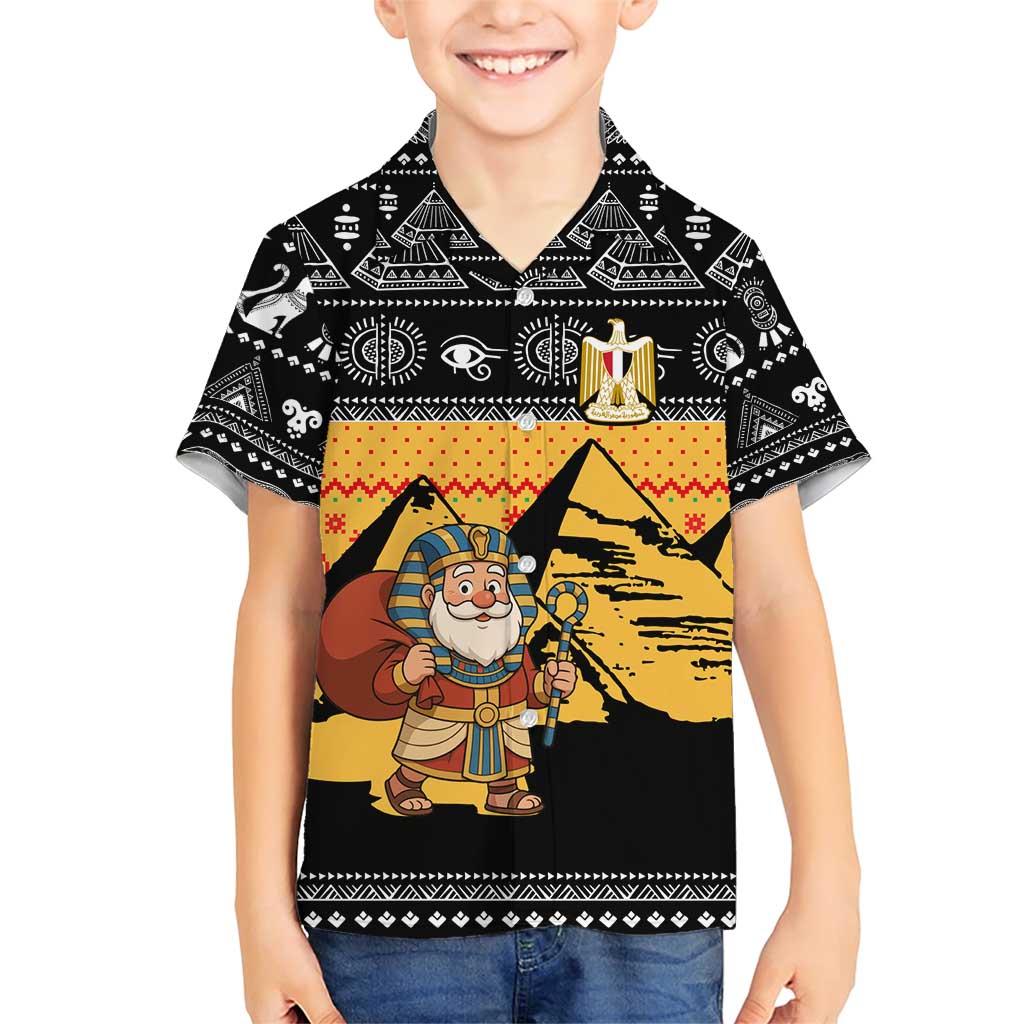 Egypt Christmas Family Matching Short Sleeve Bodycon Dress and Hawaiian Shirt with Pharaoh Santa Pyramids Eye of Horus and Ancient Egyptian - Wonder Print Shop
