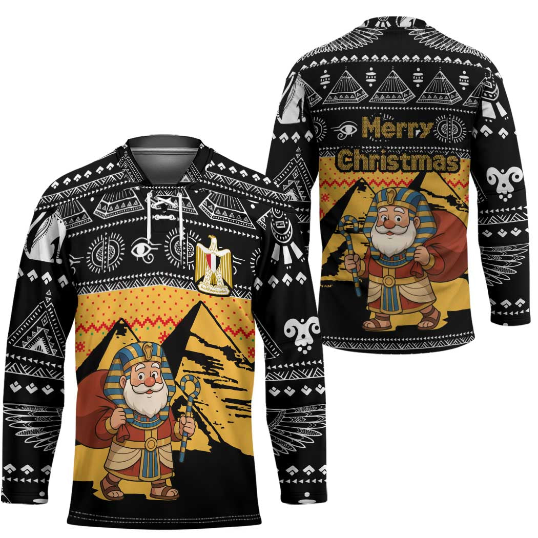 Egypt Christmas Hockey Jersey with Pharaoh Santa Pyramids Eye of Horus and Ancient Egyptian - Wonder Print Shop