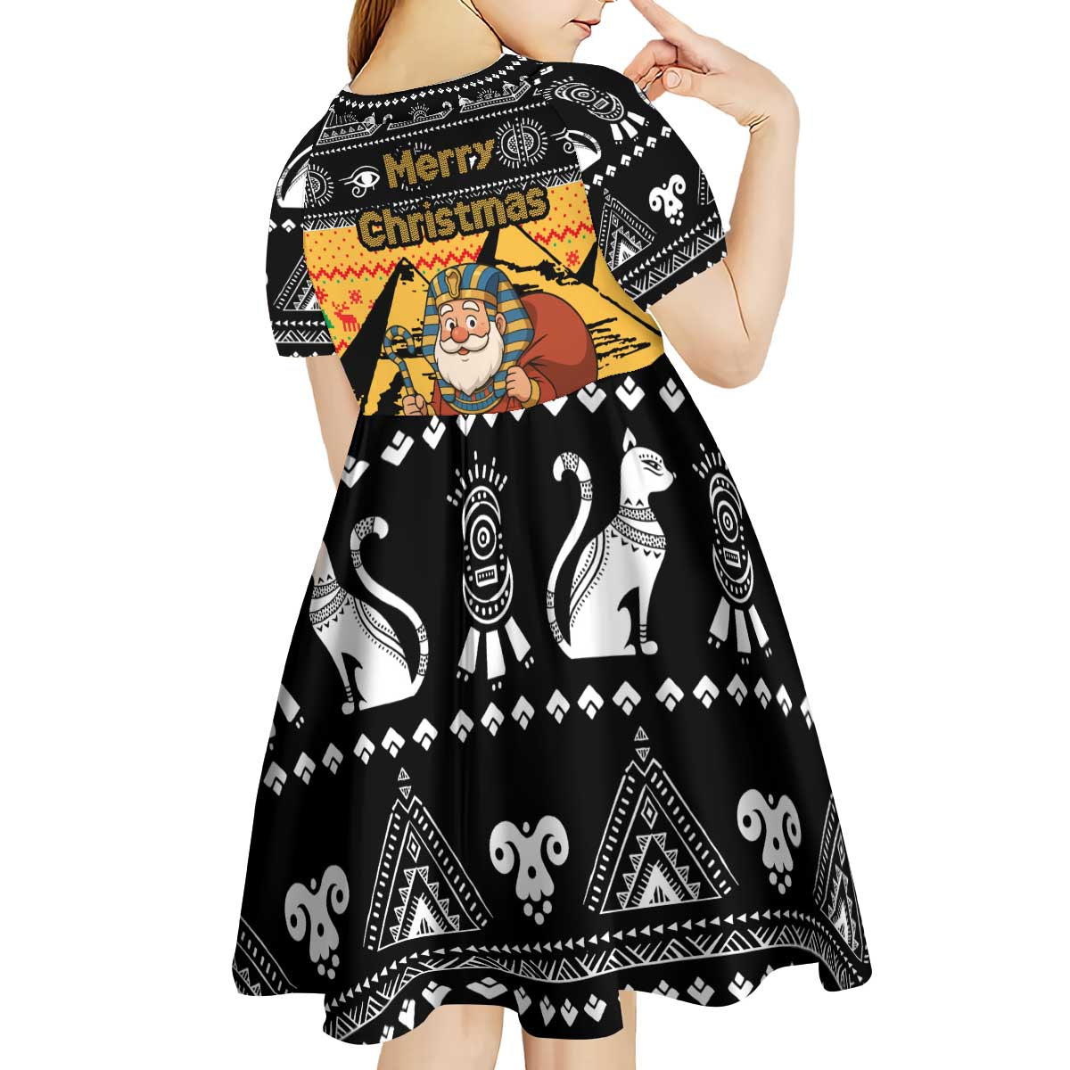 Egypt Christmas Kid Short Sleeve Dress with Pharaoh Santa Pyramids Eye of Horus and Ancient Egyptian - Wonder Print Shop