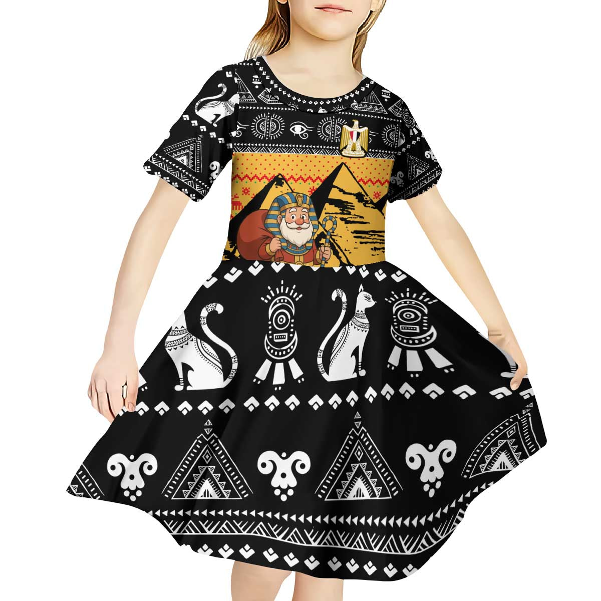 Egypt Christmas Kid Short Sleeve Dress with Pharaoh Santa Pyramids Eye of Horus and Ancient Egyptian - Wonder Print Shop