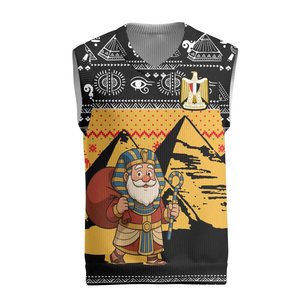 Egypt Christmas Knitted V-Neck Vest with Pharaoh Santa Pyramids Eye of Horus and Ancient Egyptian - Wonder Print Shop
