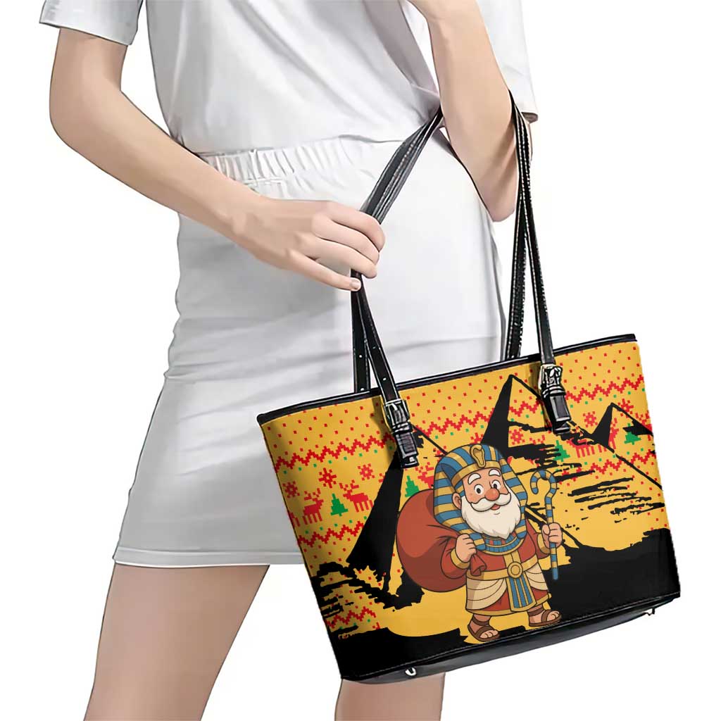 Egypt Christmas Leather Tote Bag with Pharaoh Santa Pyramids Eye of Horus and Ancient Egyptian - Wonder Print Shop