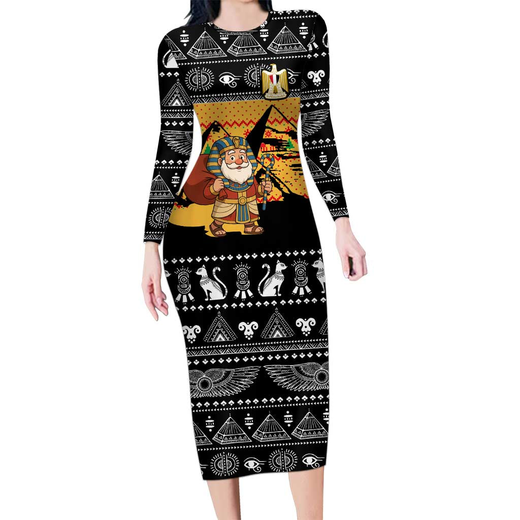 Egypt Christmas Long Sleeve Bodycon Dress with Pharaoh Santa Pyramids Eye of Horus and Ancient Egyptian - Wonder Print Shop
