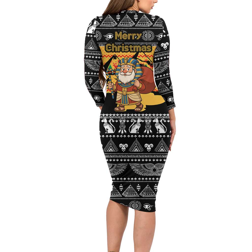 Egypt Christmas Long Sleeve Bodycon Dress with Pharaoh Santa Pyramids Eye of Horus and Ancient Egyptian - Wonder Print Shop