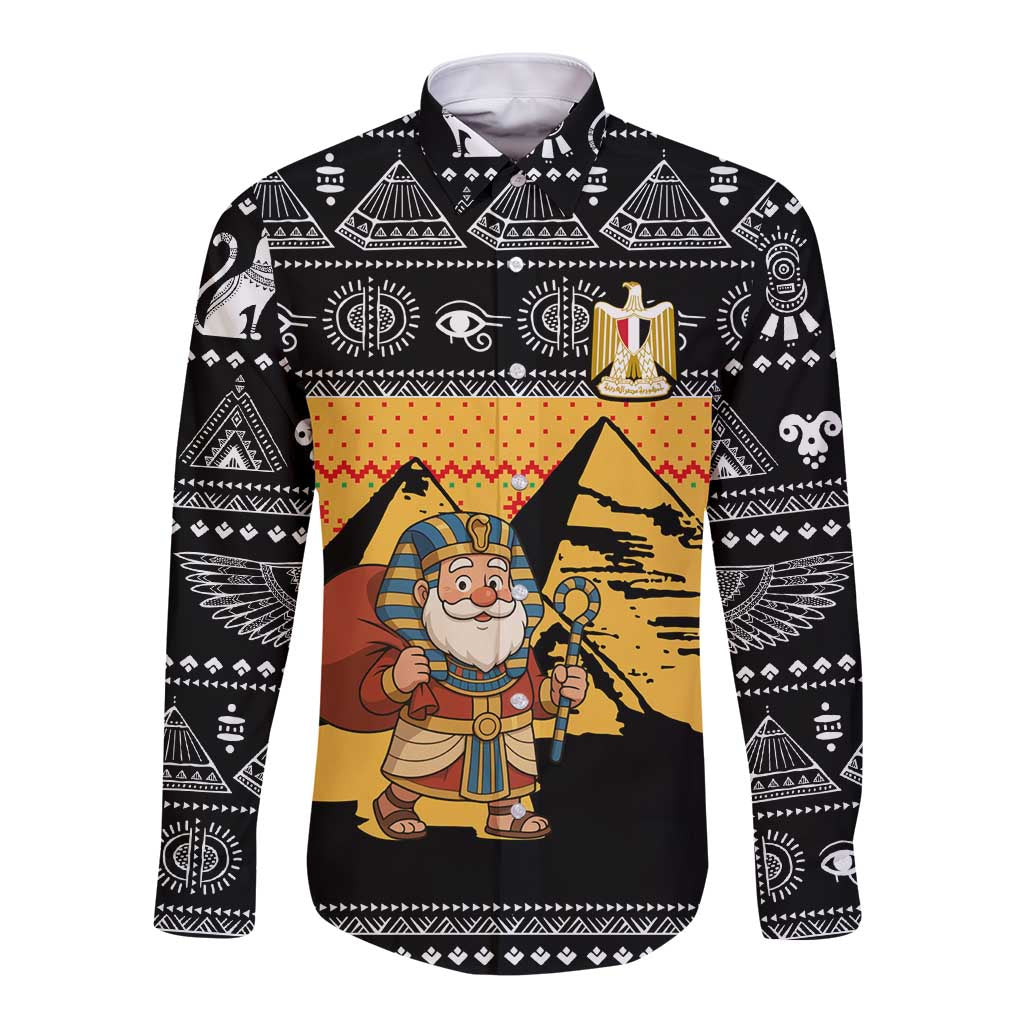 Egypt Christmas Long Sleeve Button Shirt with Pharaoh Santa Pyramids Eye of Horus and Ancient Egyptian - Wonder Print Shop