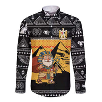 Egypt Christmas Long Sleeve Button Shirt with Pharaoh Santa Pyramids Eye of Horus and Ancient Egyptian - Wonder Print Shop