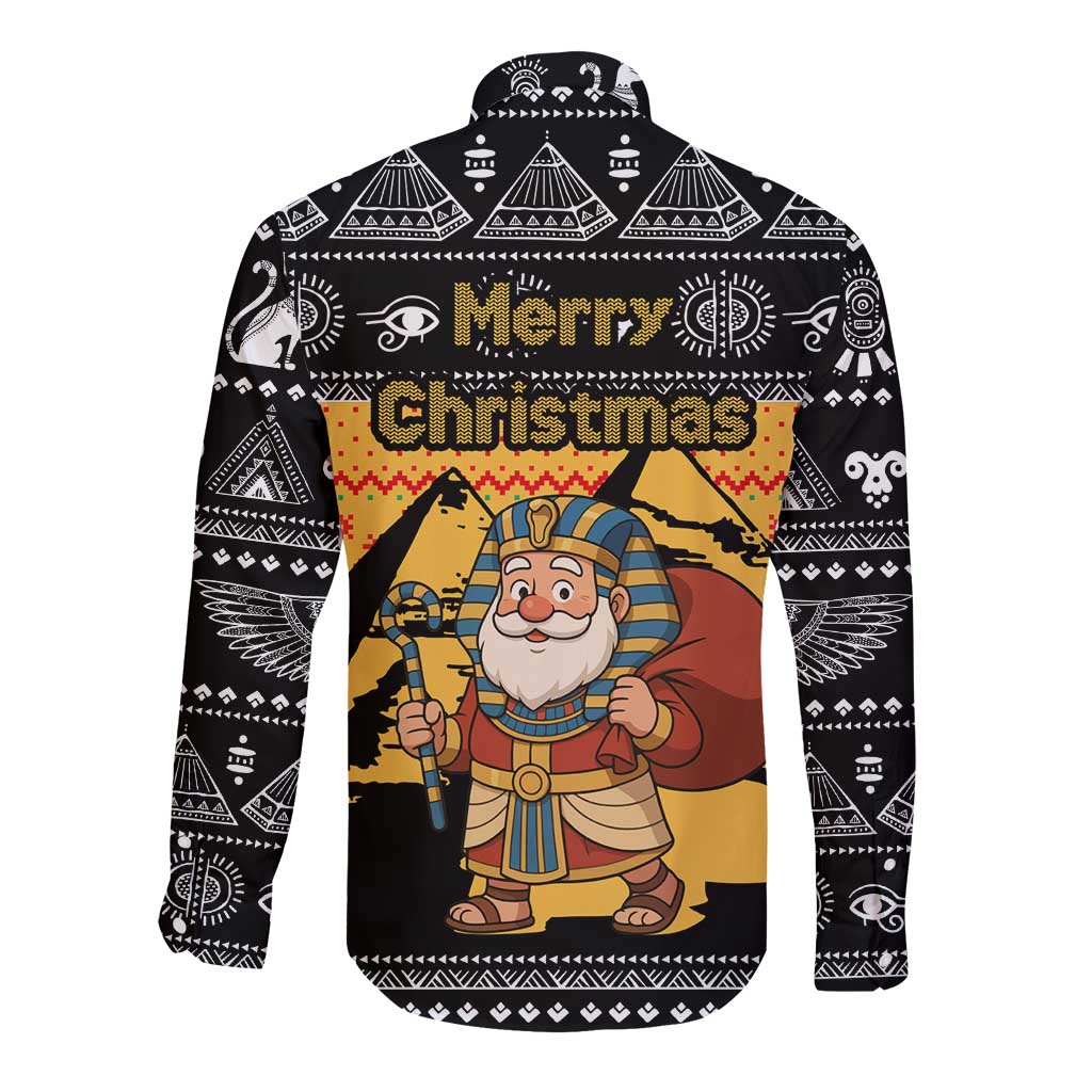 Egypt Christmas Long Sleeve Button Shirt with Pharaoh Santa Pyramids Eye of Horus and Ancient Egyptian - Wonder Print Shop