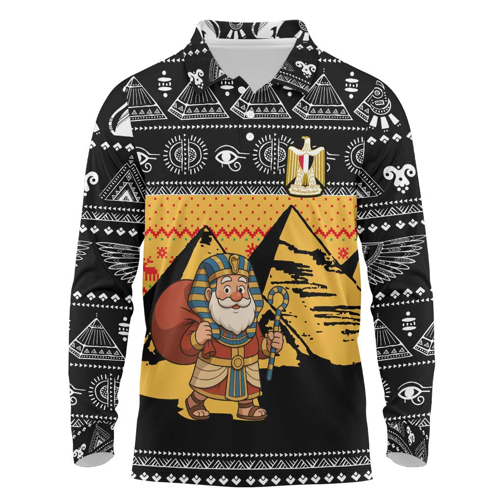Egypt Christmas Long Sleeve Polo Shirt with Pharaoh Santa Pyramids Eye of Horus and Ancient Egyptian - Wonder Print Shop
