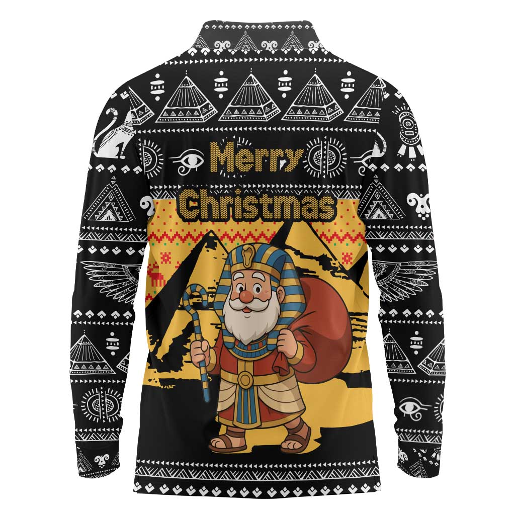 Egypt Christmas Long Sleeve Polo Shirt with Pharaoh Santa Pyramids Eye of Horus and Ancient Egyptian - Wonder Print Shop
