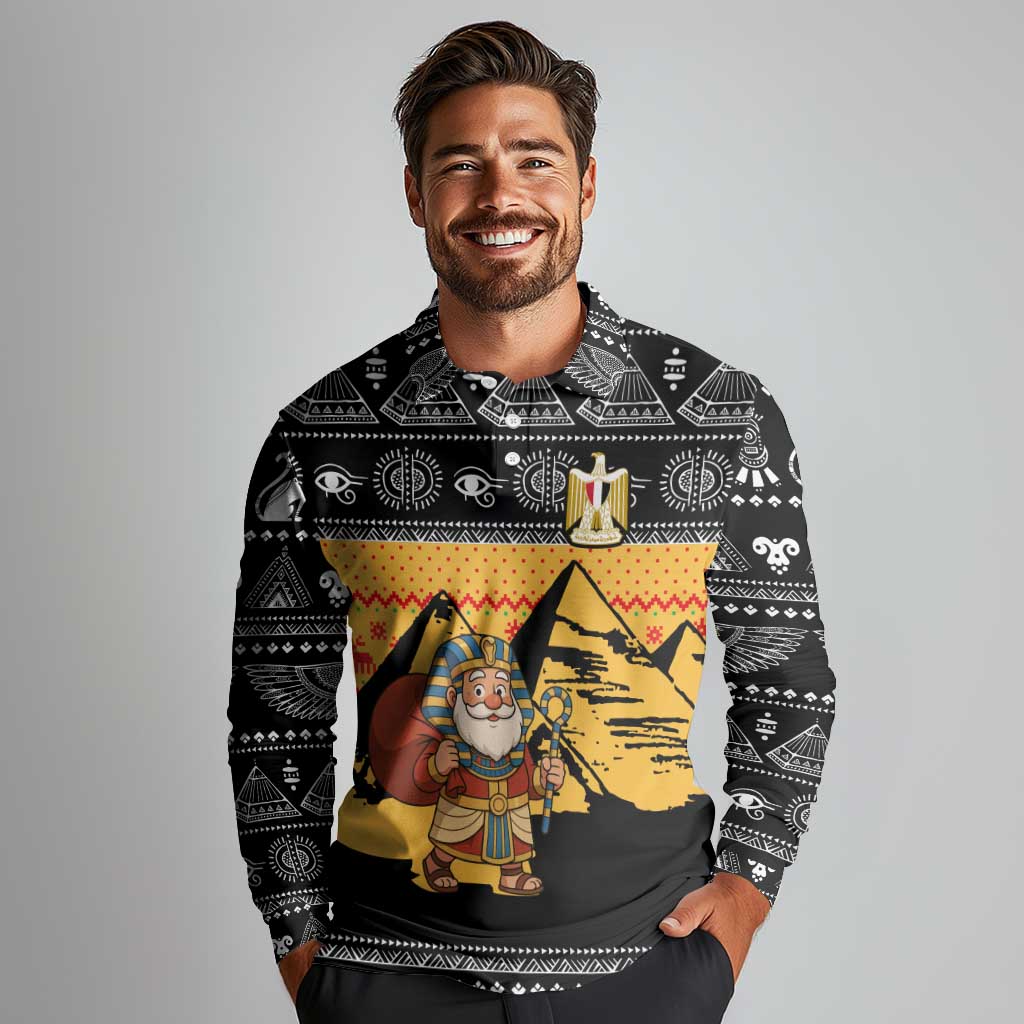 Egypt Christmas Long Sleeve Polo Shirt with Pharaoh Santa Pyramids Eye of Horus and Ancient Egyptian - Wonder Print Shop
