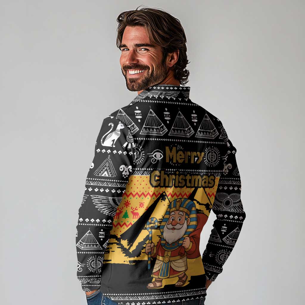 Egypt Christmas Long Sleeve Polo Shirt with Pharaoh Santa Pyramids Eye of Horus and Ancient Egyptian - Wonder Print Shop