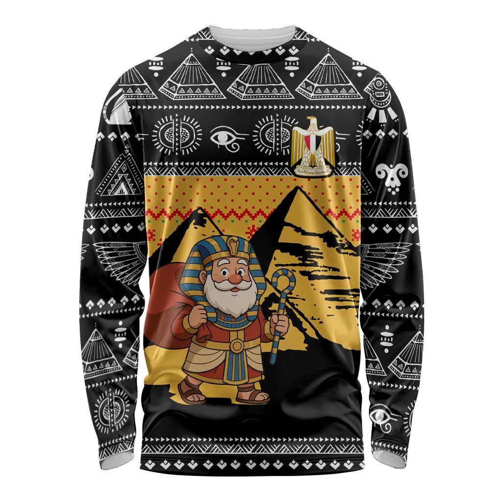 Egypt Christmas Long Sleeve Shirt with Pharaoh Santa Pyramids Eye of Horus and Ancient Egyptian - Wonder Print Shop