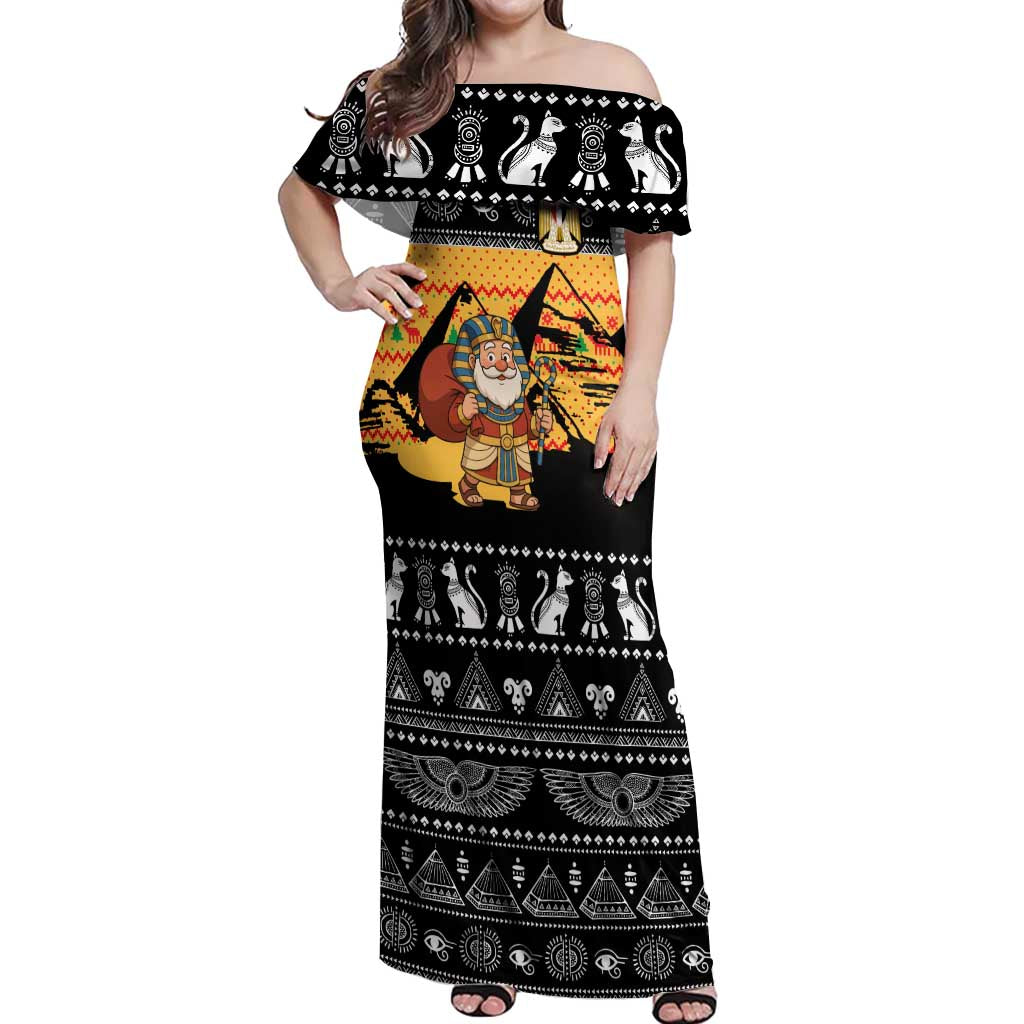 Egypt Christmas Off Shoulder Maxi Dress with Pharaoh Santa Pyramids Eye of Horus and Ancient Egyptian - Wonder Print Shop