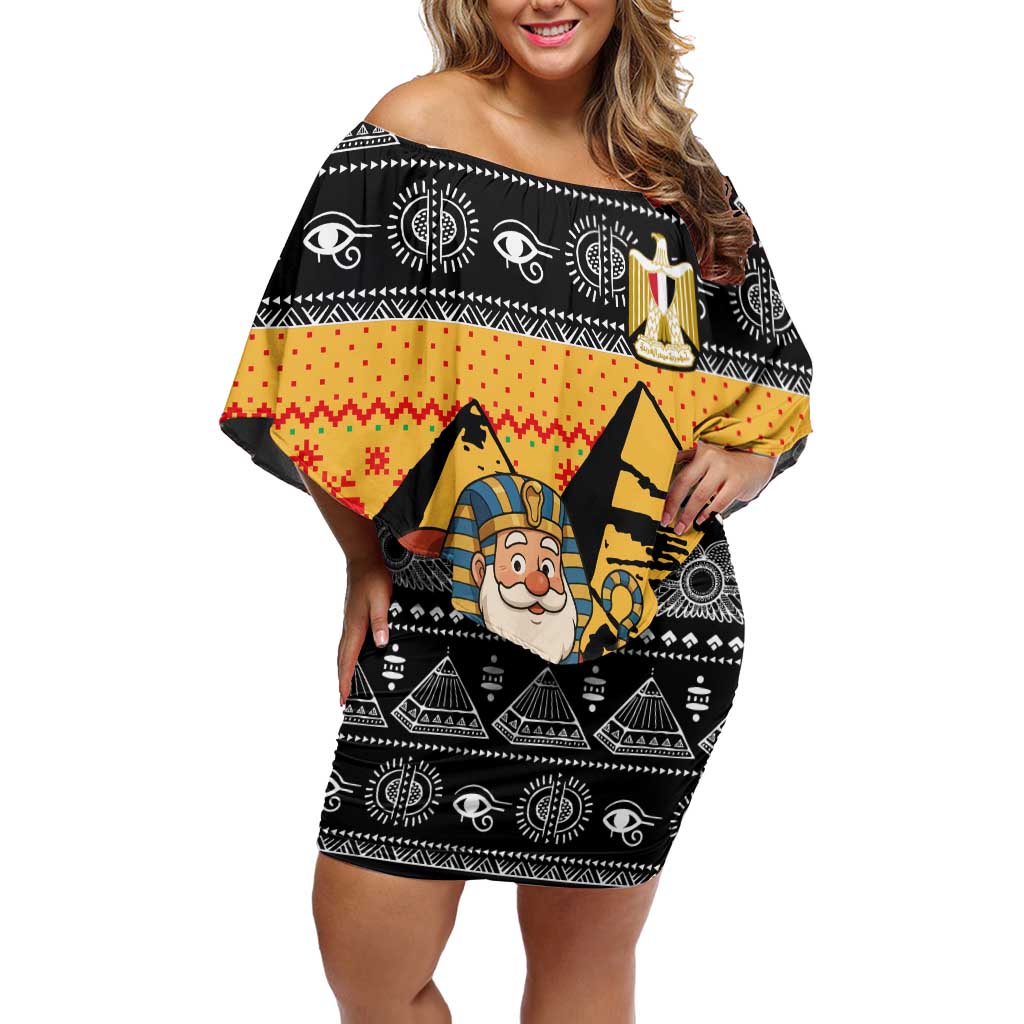 Egypt Christmas Off Shoulder Short Dress with Pharaoh Santa Pyramids Eye of Horus and Ancient Egyptian - Wonder Print Shop