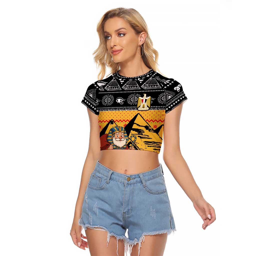 Egypt Christmas Raglan Cropped T Shirt with Pharaoh Santa Pyramids Eye of Horus and Ancient Egyptian - Wonder Print Shop