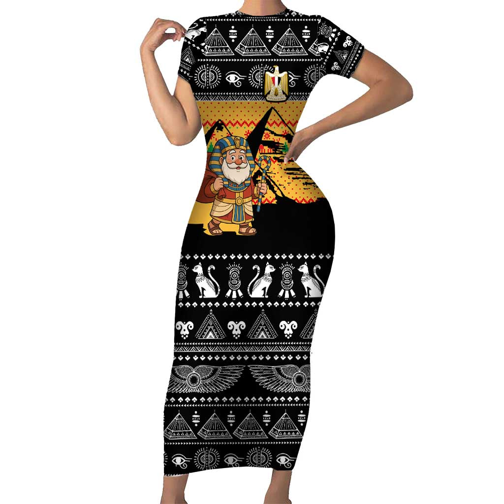 Egypt Christmas Short Sleeve Bodycon Dress with Pharaoh Santa Pyramids Eye of Horus and Ancient Egyptian - Wonder Print Shop
