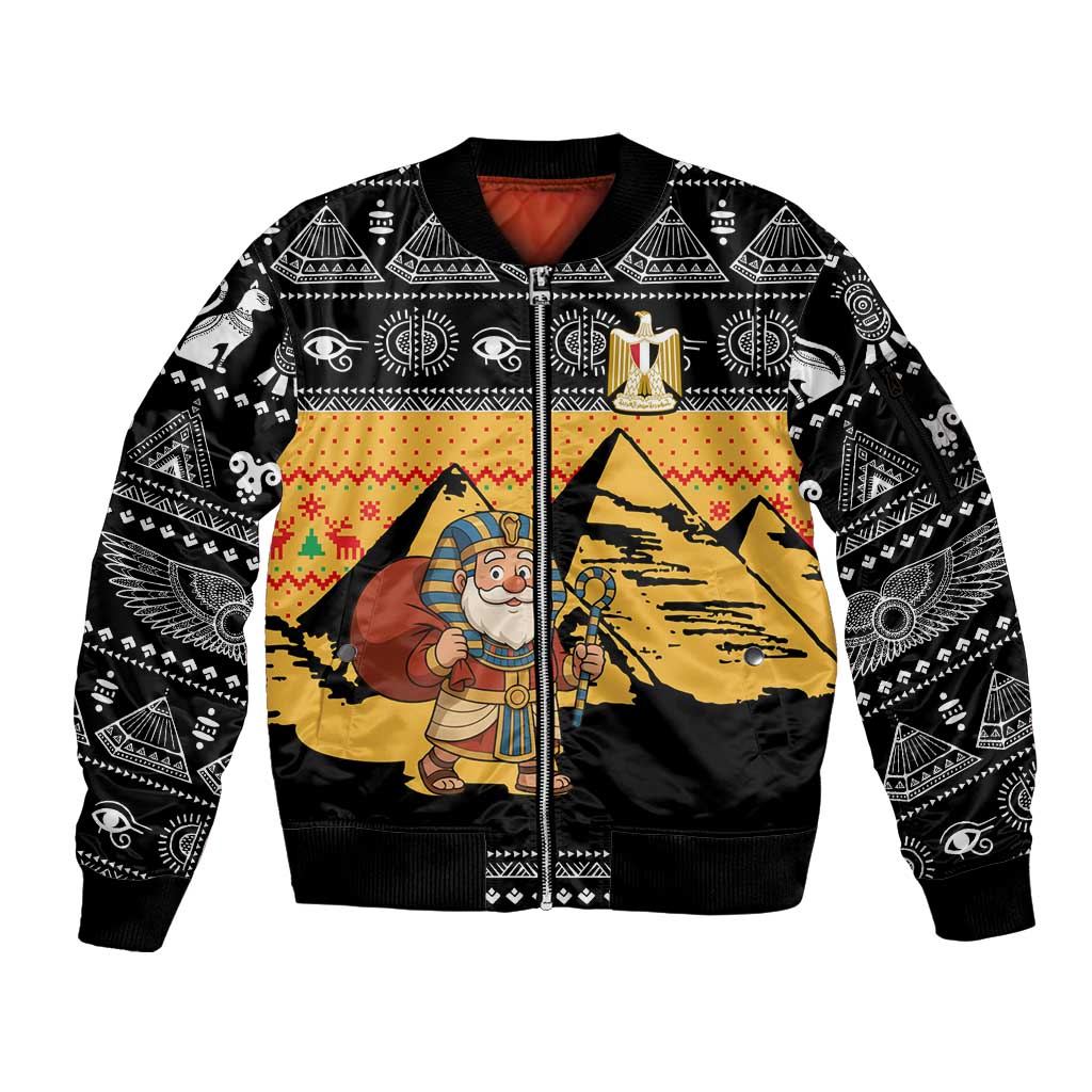 Egypt Christmas Sleeve Zip Bomber Jacket with Pharaoh Santa Pyramids Eye of Horus and Ancient Egyptian - Wonder Print Shop