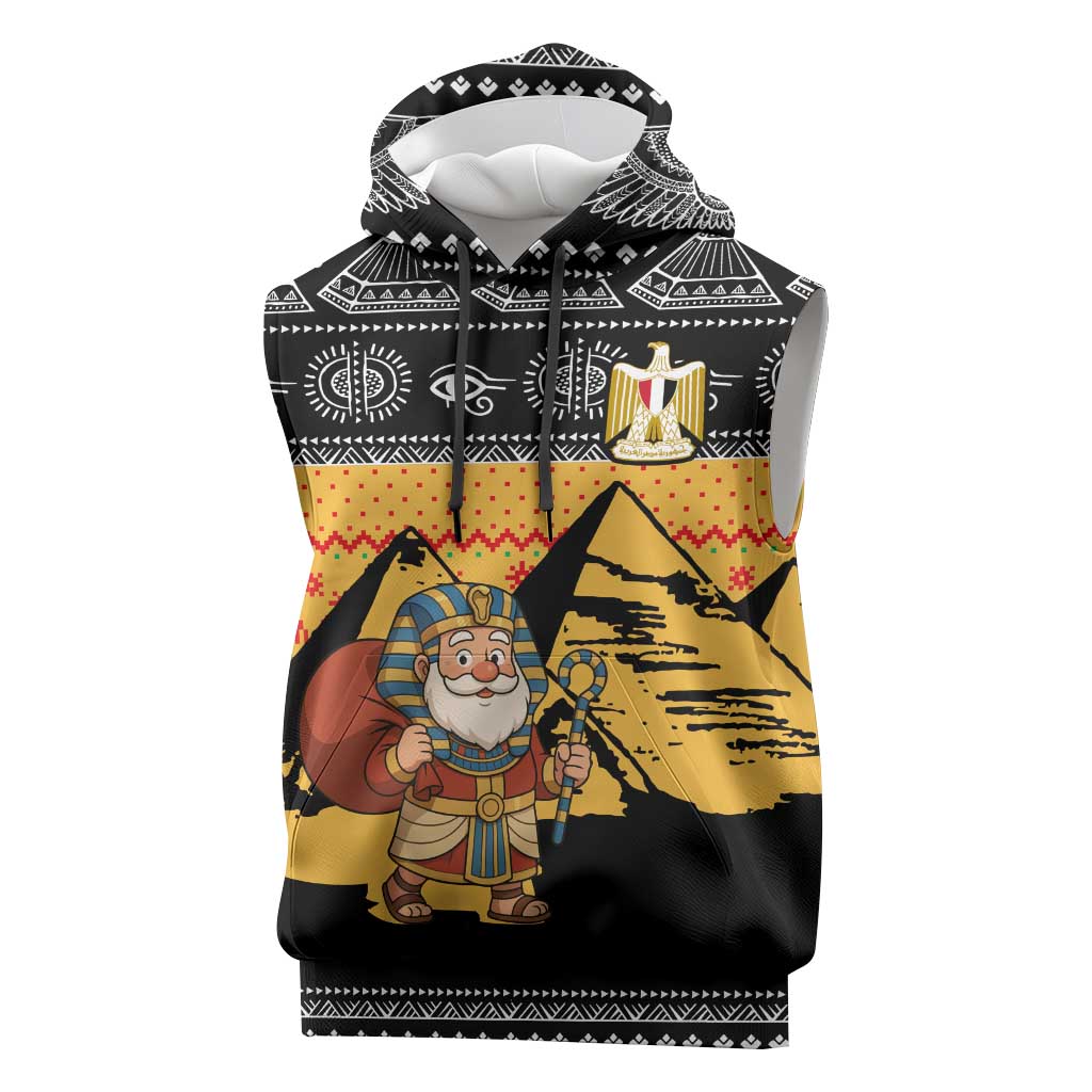 Egypt Christmas Sleeveless Hoodie with Pharaoh Santa Pyramids Eye of Horus and Ancient Egyptian - Wonder Print Shop