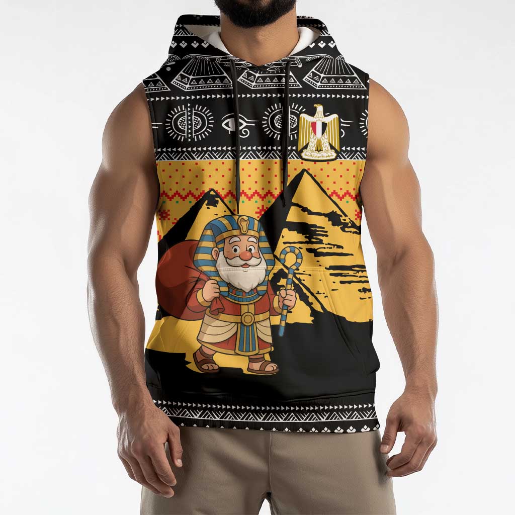 Egypt Christmas Sleeveless Hoodie with Pharaoh Santa Pyramids Eye of Horus and Ancient Egyptian - Wonder Print Shop