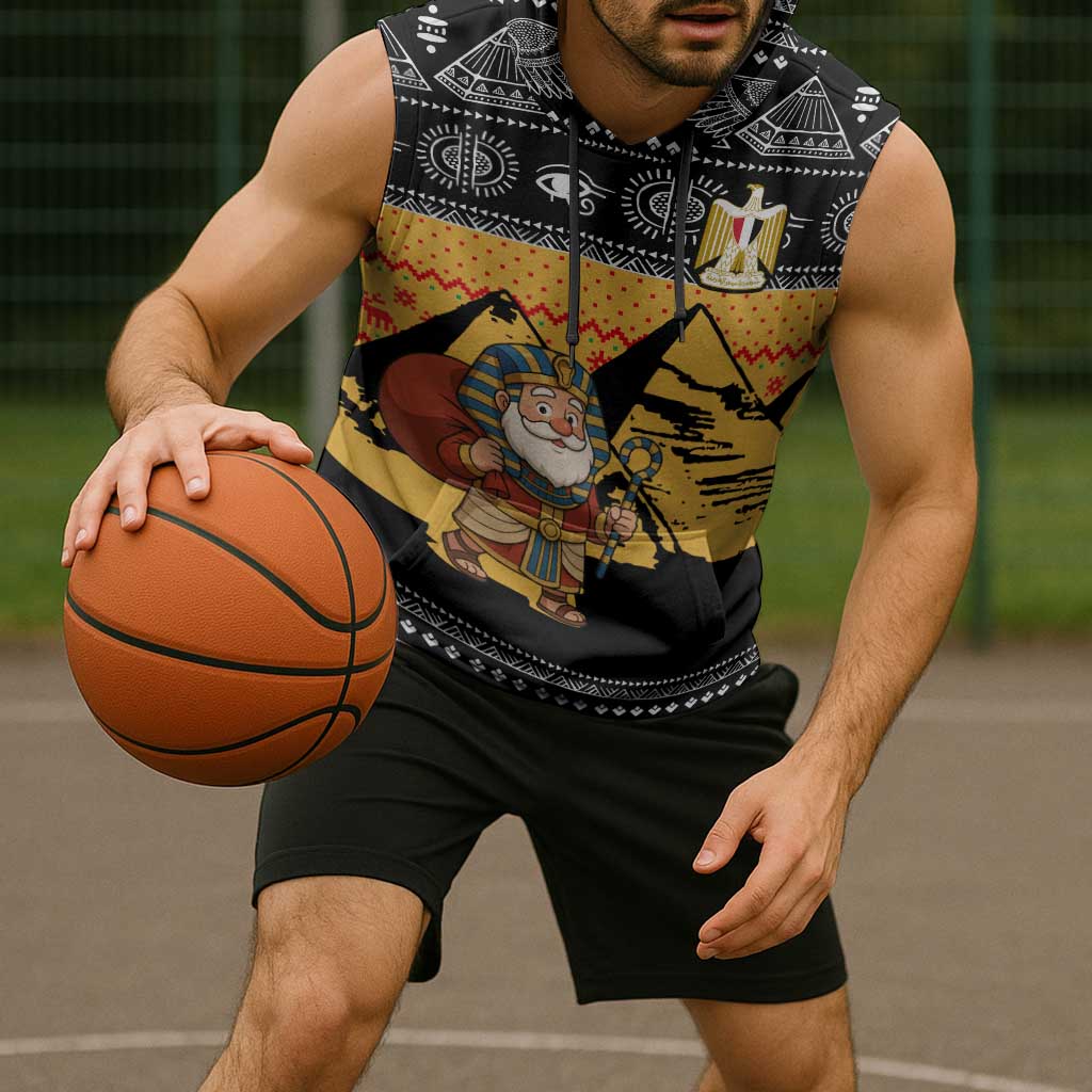 Egypt Christmas Sleeveless Hoodie with Pharaoh Santa Pyramids Eye of Horus and Ancient Egyptian - Wonder Print Shop