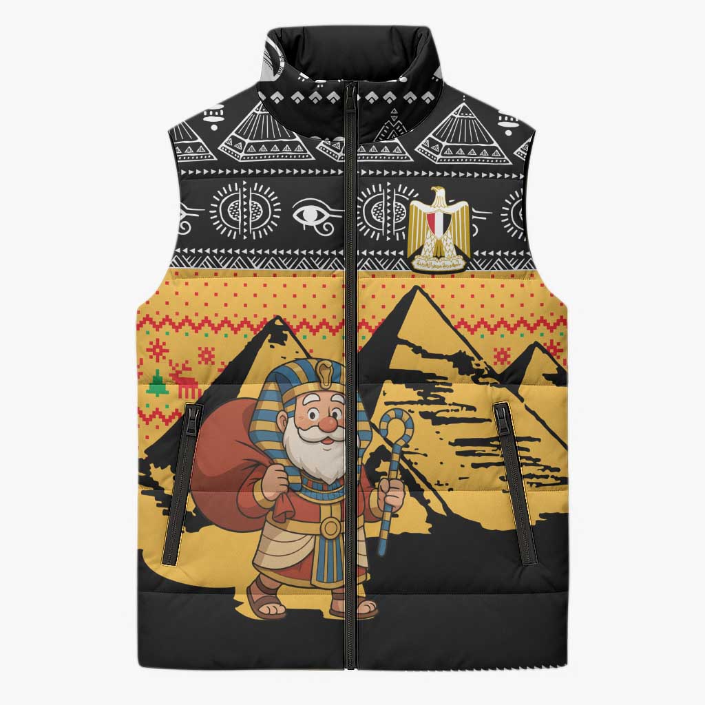Egypt Christmas Sleeveless Puffer Jacket with Pharaoh Santa Pyramids Eye of Horus and Ancient Egyptian - Wonder Print Shop