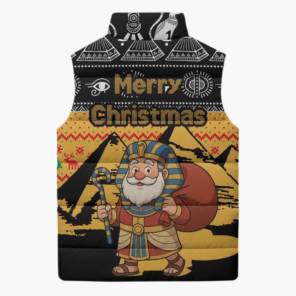 Egypt Christmas Sleeveless Puffer Jacket with Pharaoh Santa Pyramids Eye of Horus and Ancient Egyptian - Wonder Print Shop