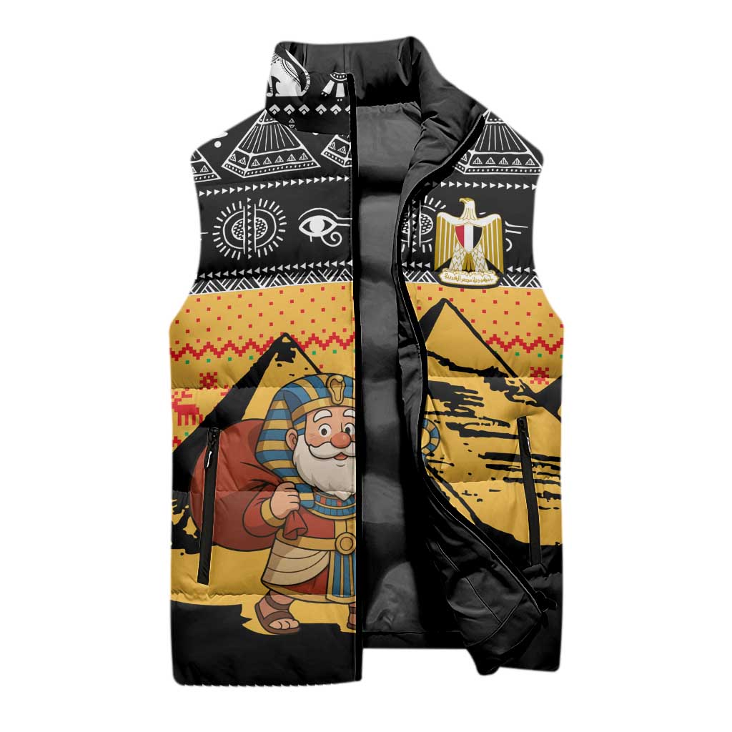 Egypt Christmas Sleeveless Puffer Jacket with Pharaoh Santa Pyramids Eye of Horus and Ancient Egyptian - Wonder Print Shop