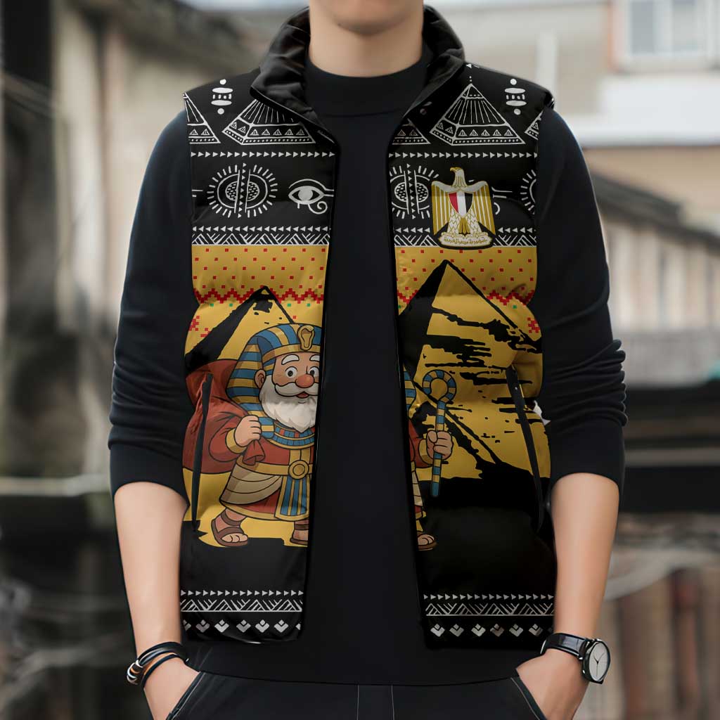 Egypt Christmas Sleeveless Puffer Jacket with Pharaoh Santa Pyramids Eye of Horus and Ancient Egyptian - Wonder Print Shop