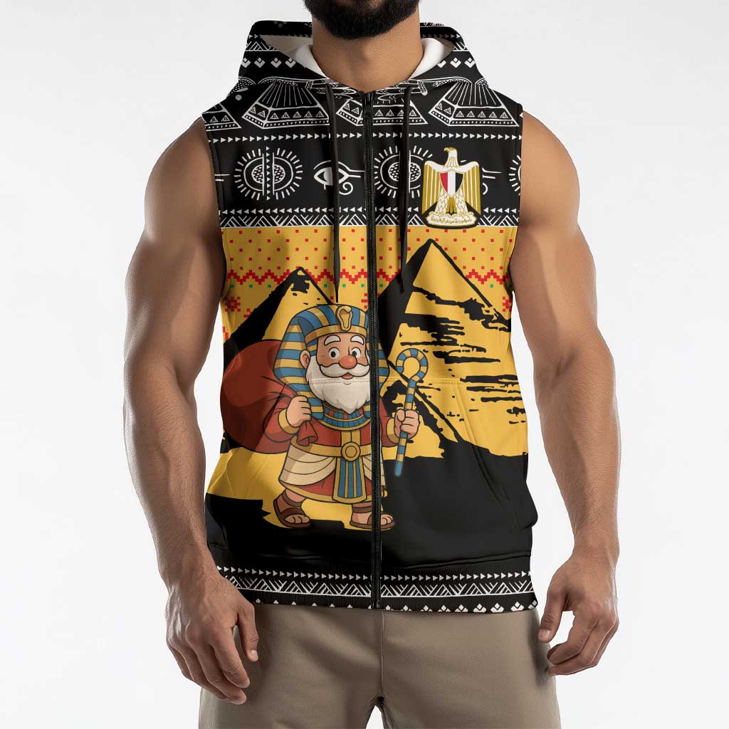 Egypt Christmas Sleeveless Zip Hoodie with Pharaoh Santa Pyramids Eye of Horus and Ancient Egyptian - Wonder Print Shop