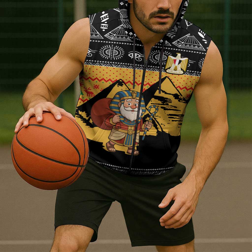 Egypt Christmas Sleeveless Zip Hoodie with Pharaoh Santa Pyramids Eye of Horus and Ancient Egyptian - Wonder Print Shop