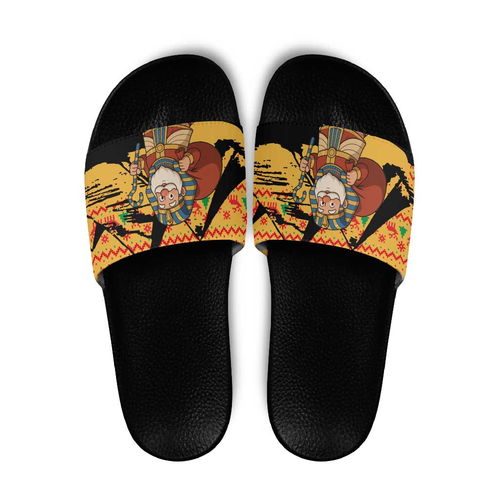 Egypt Christmas Slide Sandals with Pharaoh Santa Pyramids Eye of Horus and Ancient Egyptian - Wonder Print Shop