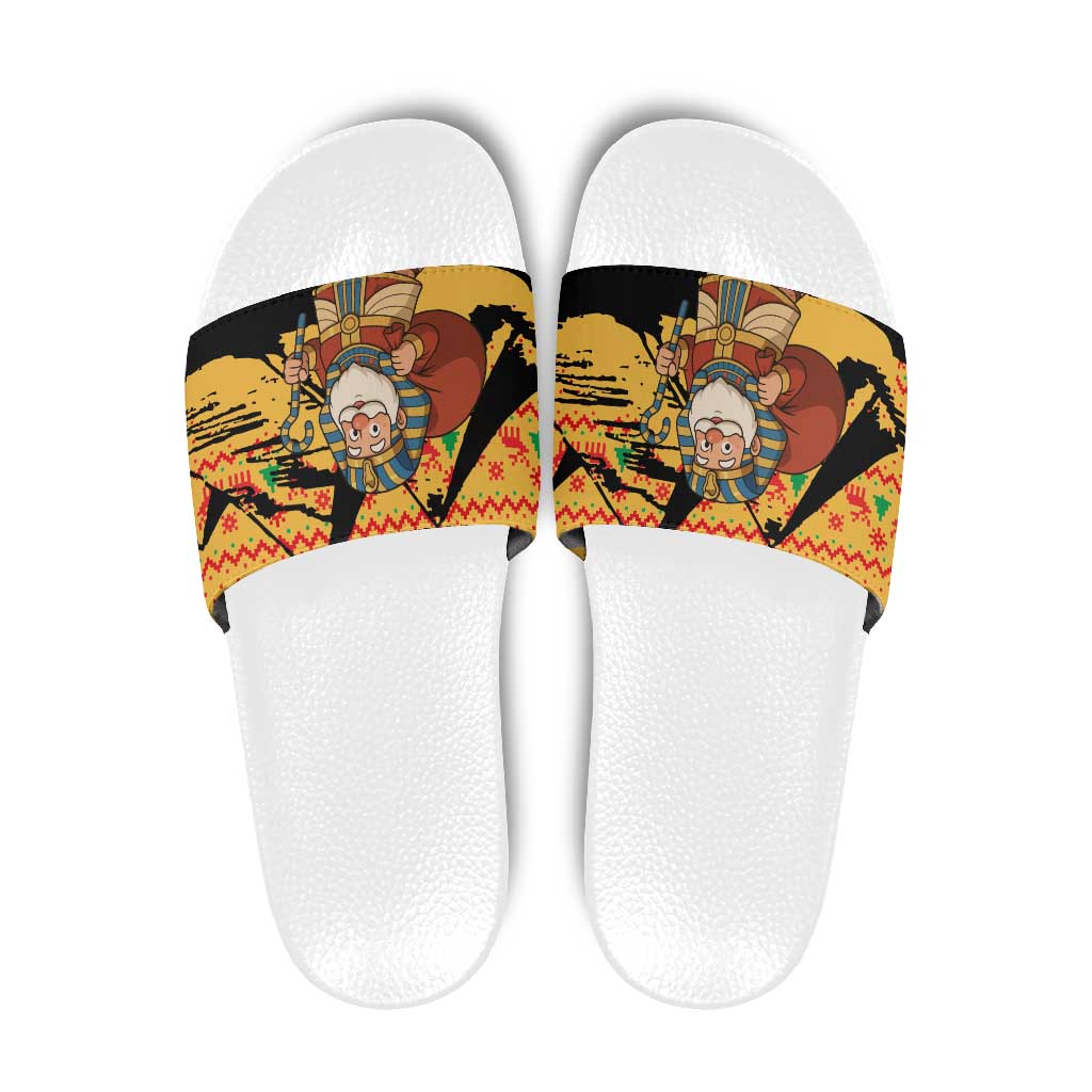 Egypt Christmas Slide Sandals with Pharaoh Santa Pyramids Eye of Horus and Ancient Egyptian - Wonder Print Shop
