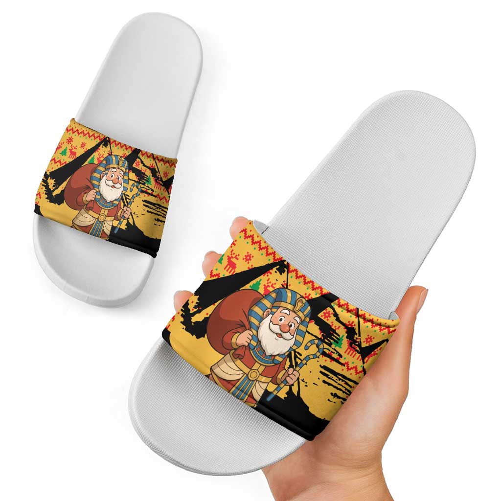 Egypt Christmas Slide Sandals with Pharaoh Santa Pyramids Eye of Horus and Ancient Egyptian - Wonder Print Shop