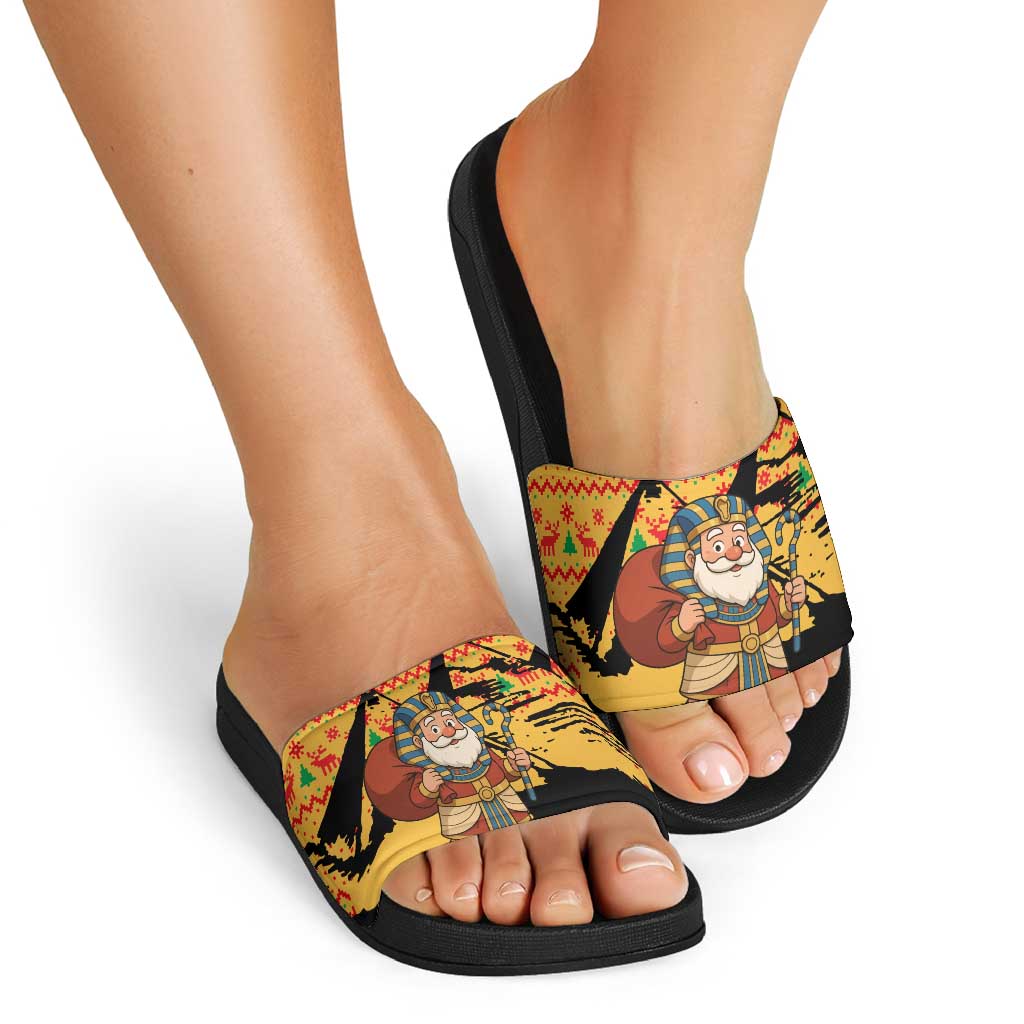 Egypt Christmas Slide Sandals with Pharaoh Santa Pyramids Eye of Horus and Ancient Egyptian - Wonder Print Shop