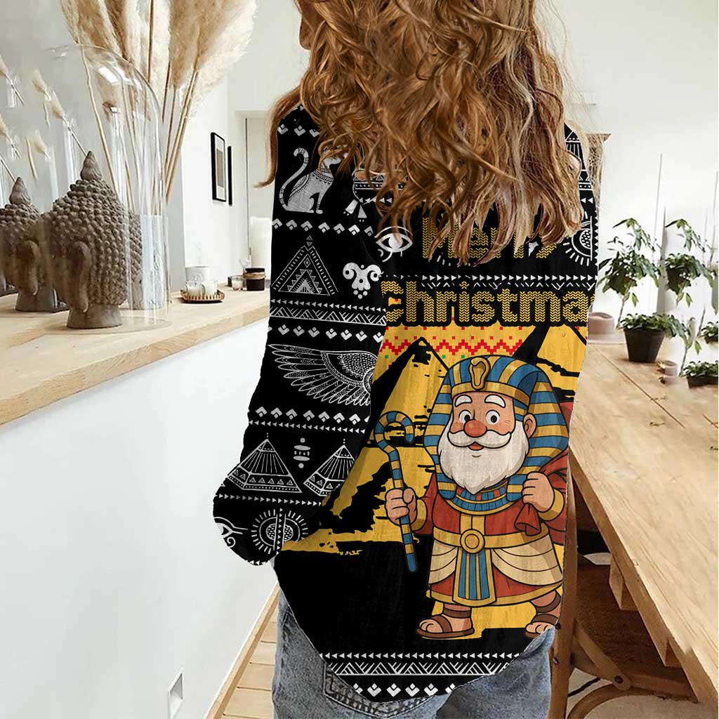 Egypt Christmas Women Casual Shirt with Pharaoh Santa Pyramids Eye of Horus and Ancient Egyptian - Wonder Print Shop