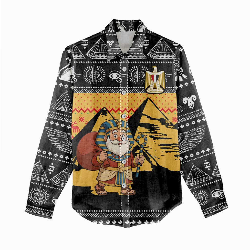 Egypt Christmas Women Casual Shirt with Pharaoh Santa Pyramids Eye of Horus and Ancient Egyptian - Wonder Print Shop