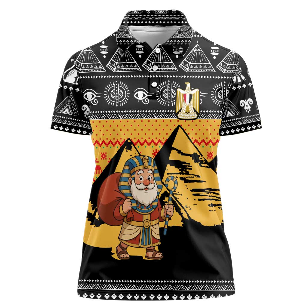 Egypt Christmas Women Polo Shirt with Pharaoh Santa Pyramids Eye of Horus and Ancient Egyptian - Wonder Print Shop