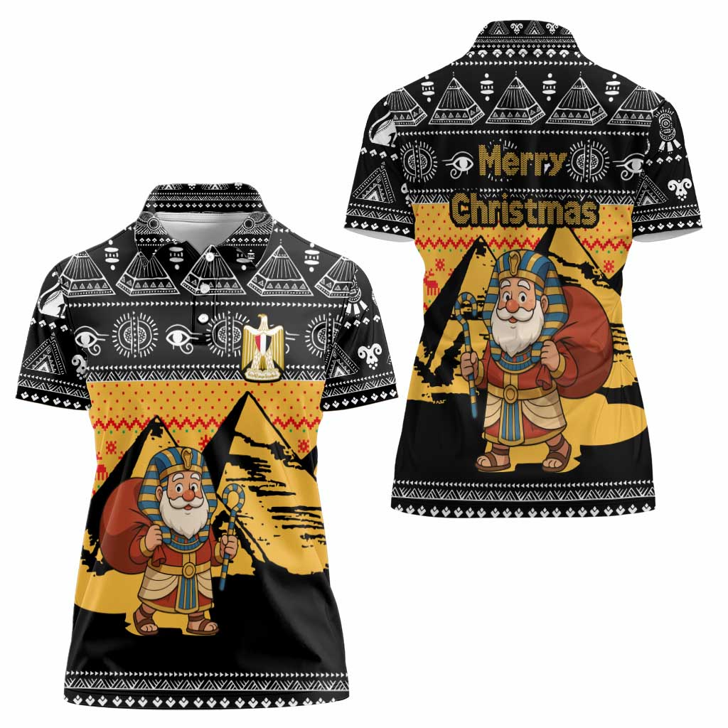 Egypt Christmas Women Polo Shirt with Pharaoh Santa Pyramids Eye of Horus and Ancient Egyptian - Wonder Print Shop