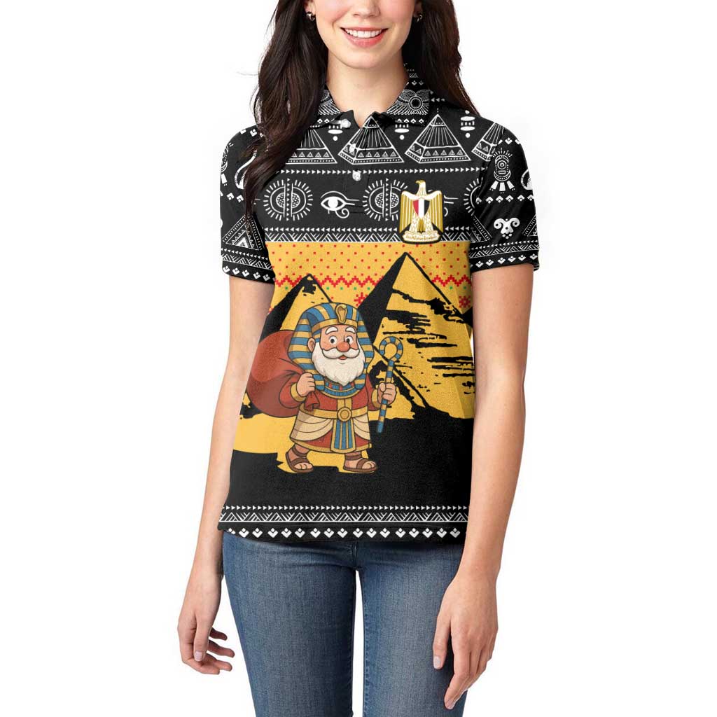 Egypt Christmas Women Polo Shirt with Pharaoh Santa Pyramids Eye of Horus and Ancient Egyptian - Wonder Print Shop