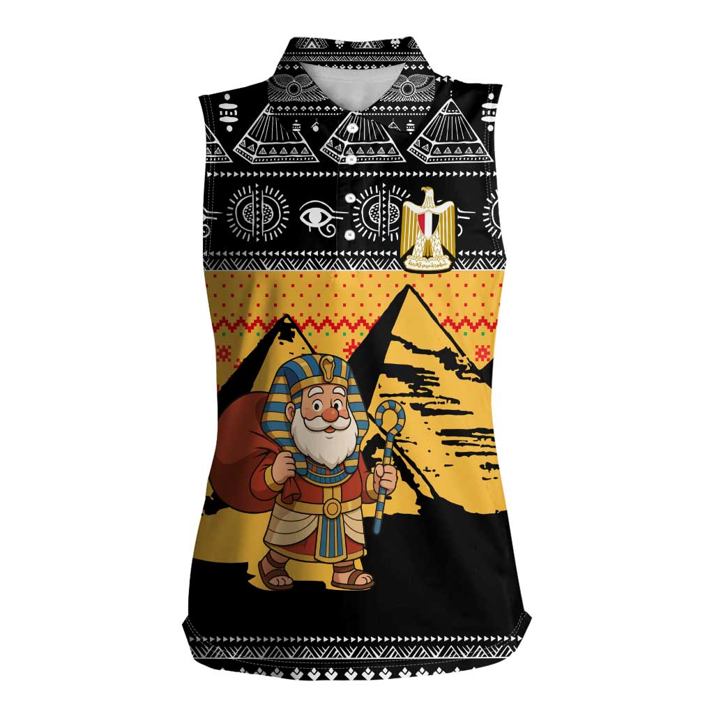 Egypt Christmas Women Sleeveless Polo Shirt with Pharaoh Santa Pyramids Eye of Horus and Ancient Egyptian - Wonder Print Shop