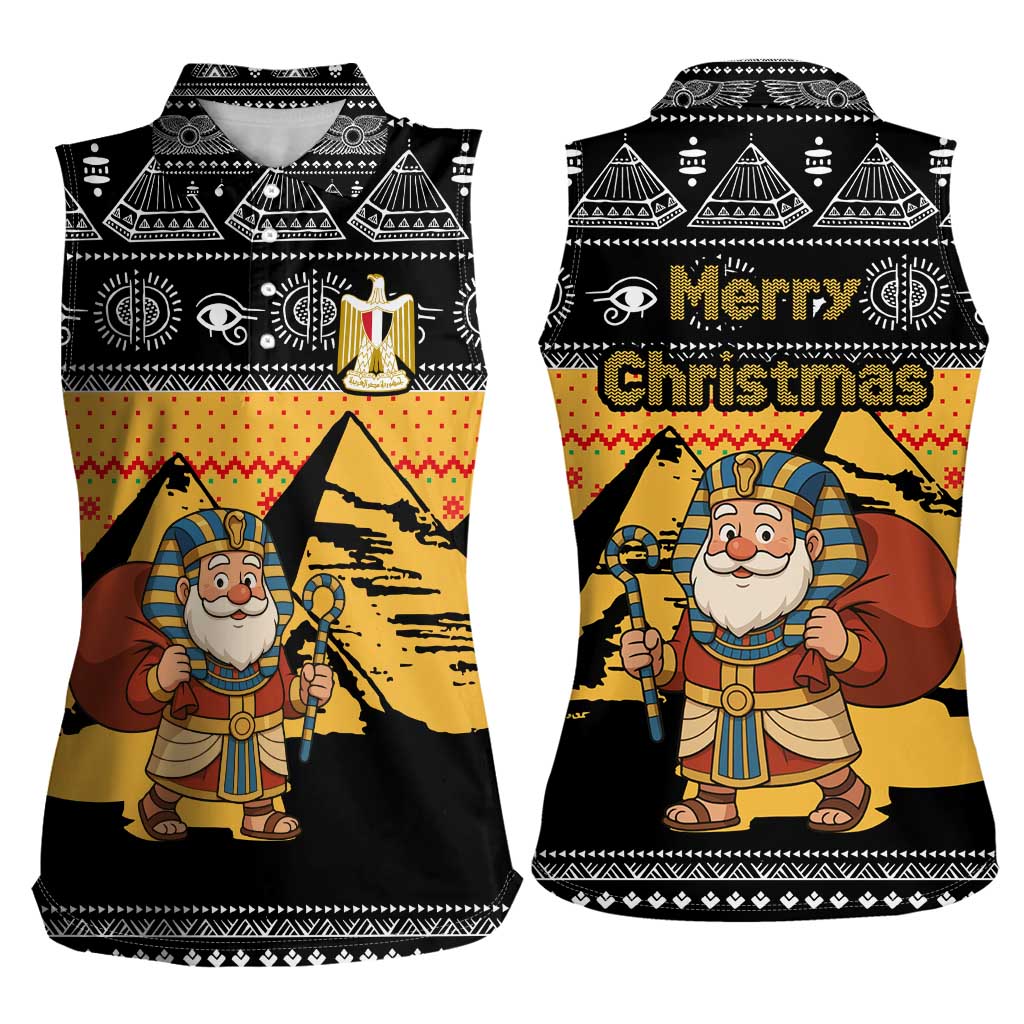 Egypt Christmas Women Sleeveless Polo Shirt with Pharaoh Santa Pyramids Eye of Horus and Ancient Egyptian - Wonder Print Shop