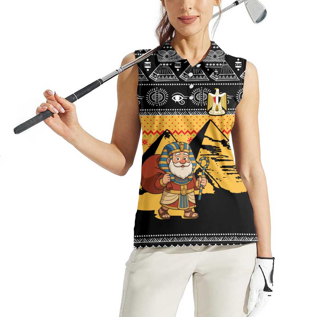 Egypt Christmas Women Sleeveless Polo Shirt with Pharaoh Santa Pyramids Eye of Horus and Ancient Egyptian - Wonder Print Shop