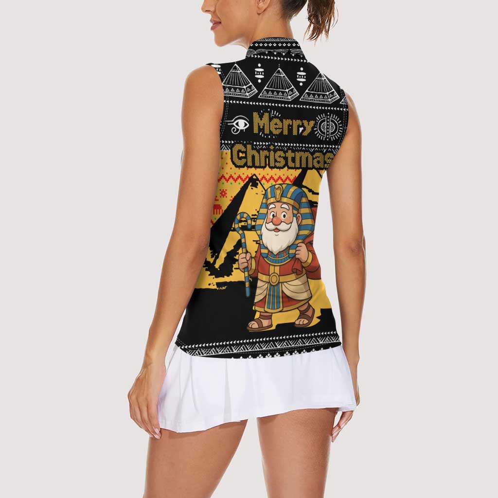 Egypt Christmas Women Sleeveless Polo Shirt with Pharaoh Santa Pyramids Eye of Horus and Ancient Egyptian - Wonder Print Shop